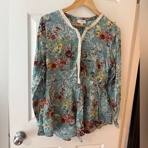 Umgee fall floral cottage long sleeve pullover hidden button blouse large